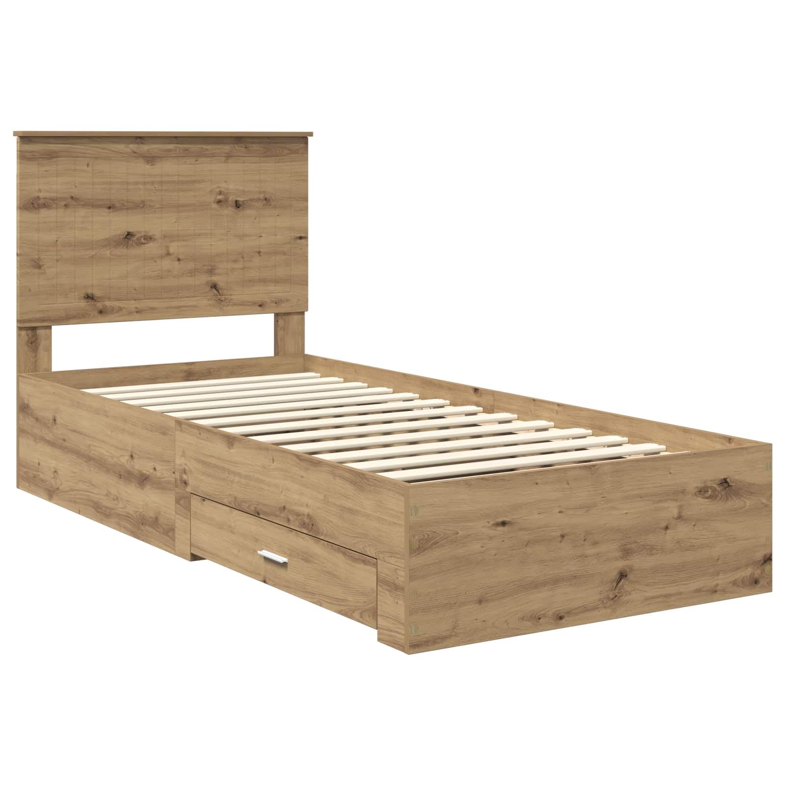 Marco de cama con cabecera, roble artesanal, 90 x 200 cm, hecho de material derivado de la madera, moderna cama de almacenamiento, con cajones, espacio de almacenamiento y diseño elegante