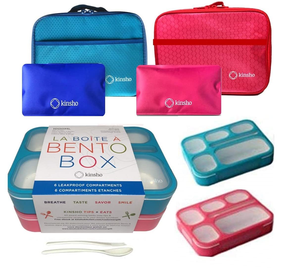 Bento Lunch Boxes with Ice Packs Bento-Box Insulated Bag Ice Cold Pack Set of Two for Kids Adults Value Container Set for School Kid Lunches, 6 Compartments Leakproof BPA Free, Blue & Pink