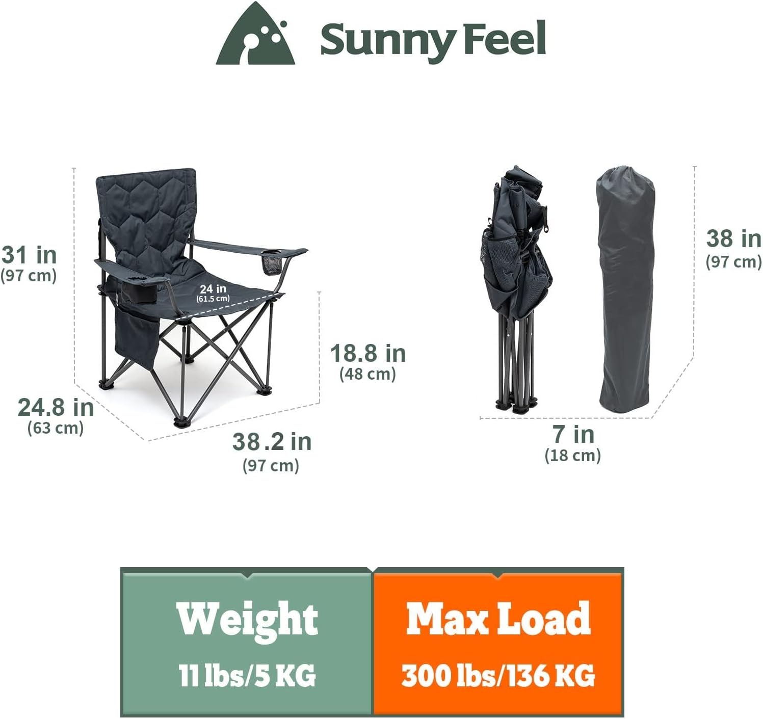 SUNNYFEEL Camping Chairs for Adults, Padded Oversized Camping Chair Heavy Duty 500LBS, Portable Lawn Chair with Cup Holder, Side Pocket&Bag for Outdoor Camping/Beach/Picnic/Fishing, Grey 2 Pack 2 PC Grey