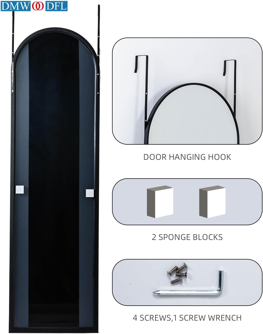 Over The Door Mirror - Full Length Tempered Glass & Aluminum Frame, No Drill Installation for Bedroom, Bathroom, Closet, Entryway 14"x 48" Arched