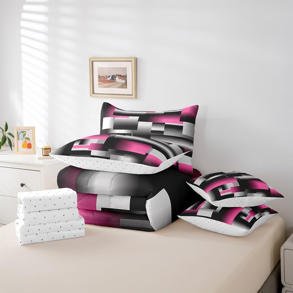 Feelyou Pink Gray Black Abstract Comforter Set Twin Size 7 Pieces Geometric Art Bedding Set Rectangle Room Decorative Sheet Bed Set Includes Comforter, Sheet Set, Pillowcases & Pillow Covers