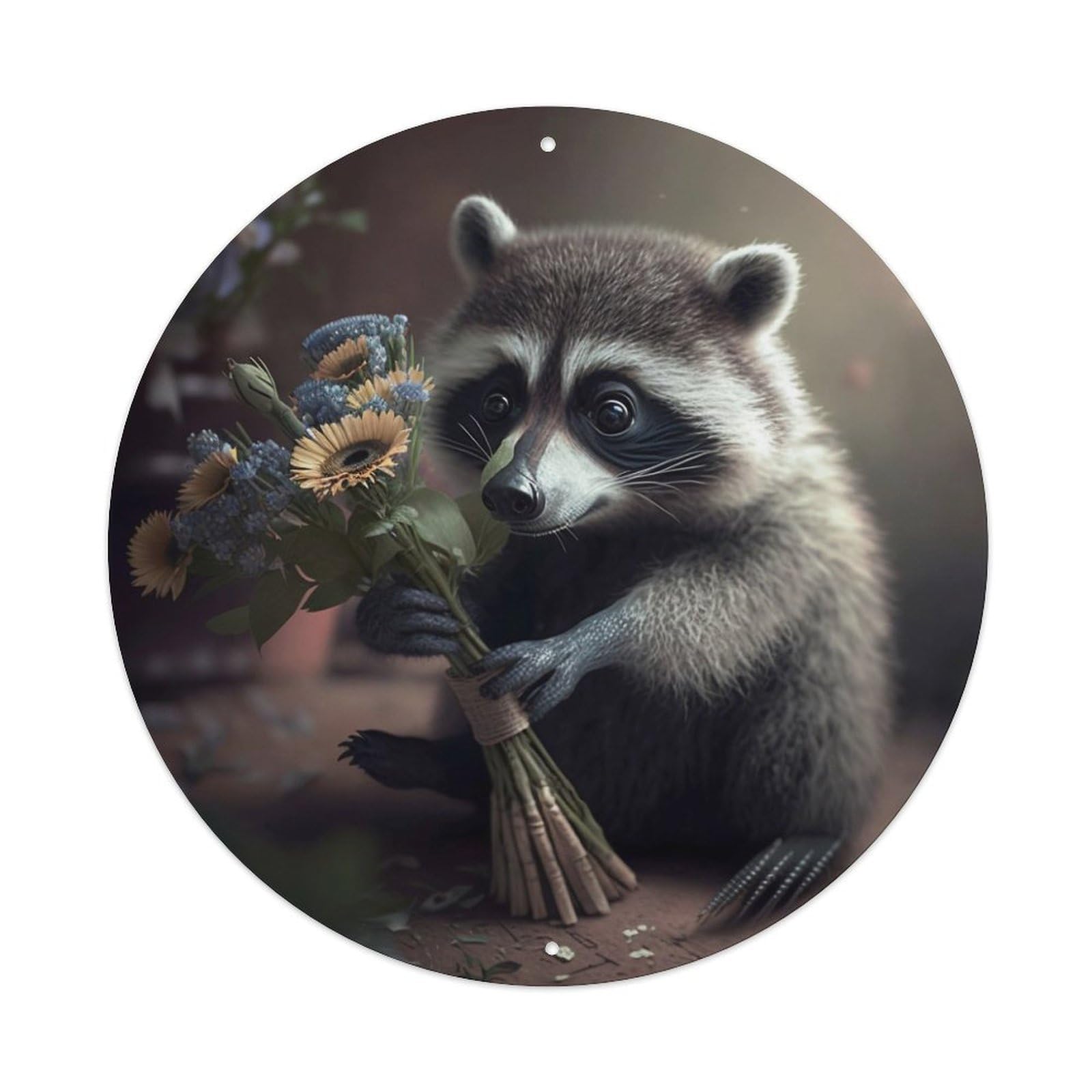 Animals Artwork Raccoon with Flowers Vintage Metal Tin Sign Plaque Wall Decor for Cafe, Club Bar, Office, Garden Metal Poster 8x8Inch