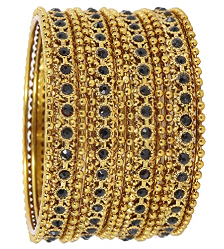 NMII Non-Precious Metal with Base Metal Zircon Gemstone Studded Glossy Finished Linked with Ballchain Gold Plated Premium Bangle set for Women and Girls, (Black_2.4 Inches), Pack Of 12 Bangles