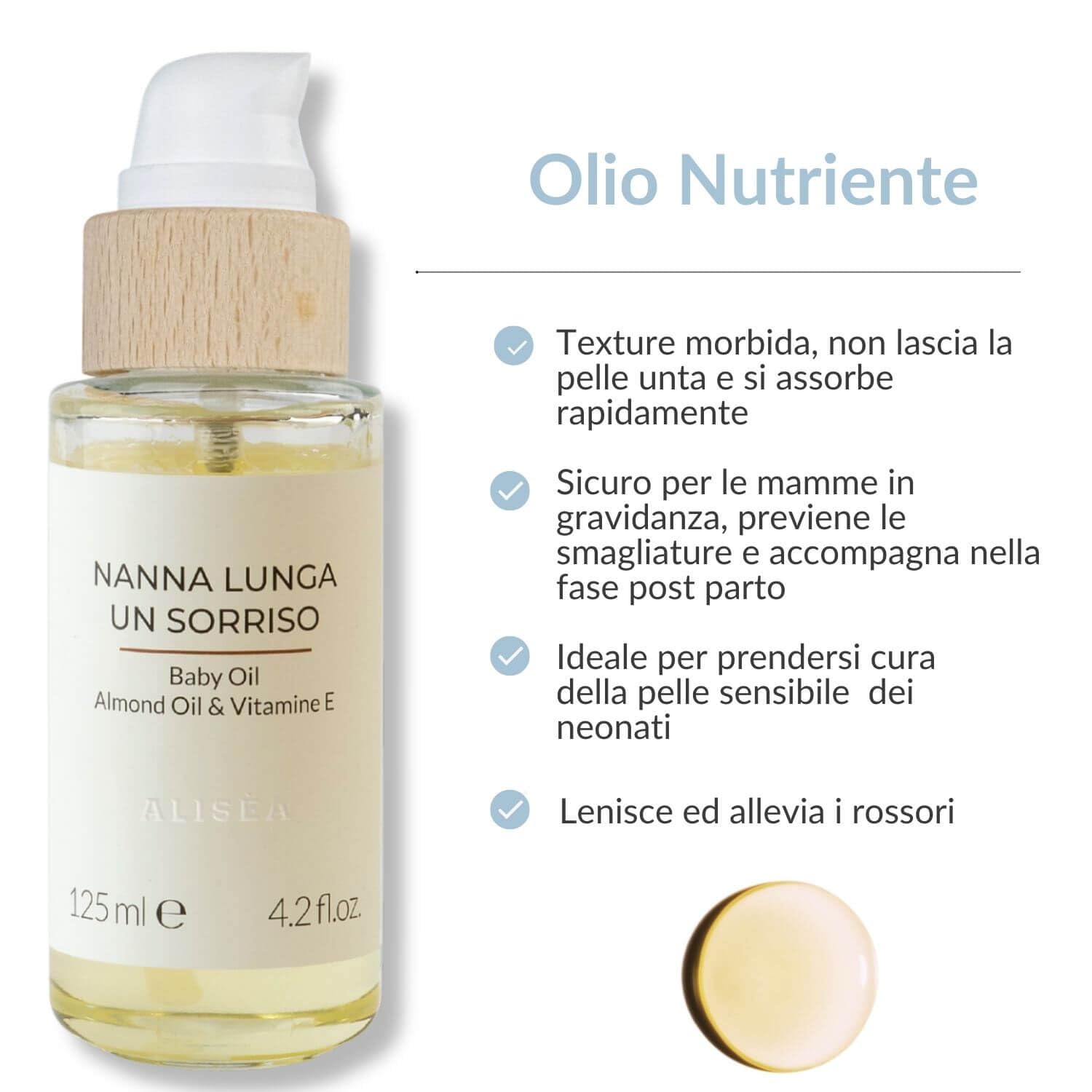 Alisea Parma Nanna Lunga un Sorriso, Olio Nutriente con mandorle dolci e Vitamina E. Per i primi massaggi al neonato, sicuro in gravidanza e alleato contro le smagliature. 125ml.