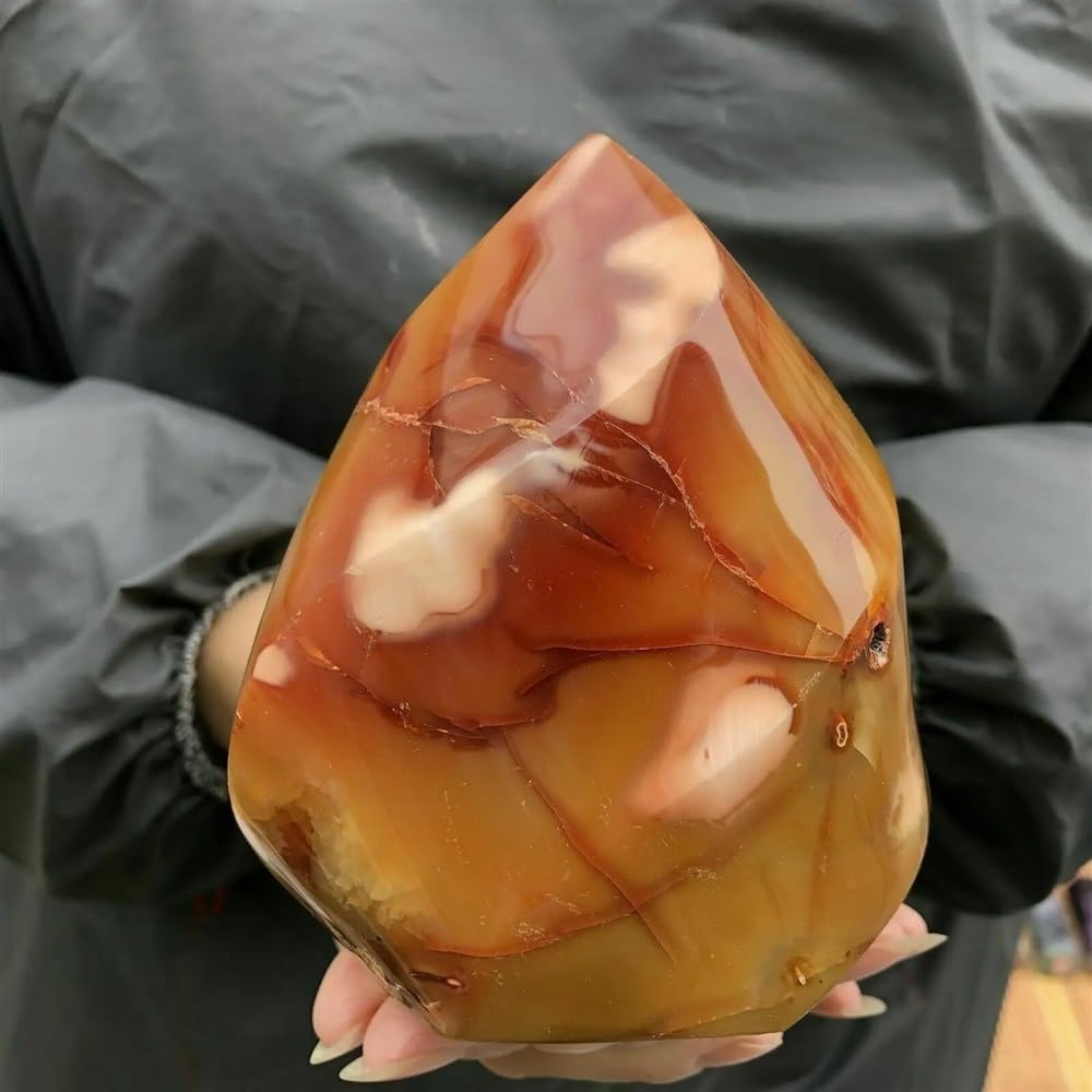 AtkitS Medytacja Kryształowa różdżka kwarcowa z naturalnym płomieniem jaspisu karneolu (rozmiar: 400-450 g)