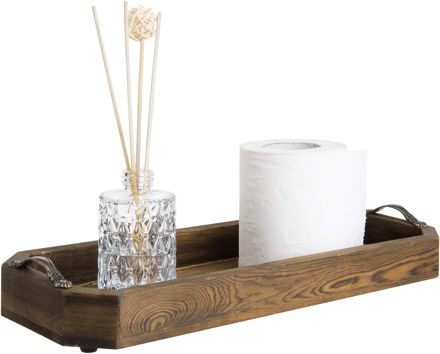 MyGift Wooden Vanity Tray, Rustic Burnt Solid Wood Toilet Tank Tray - Decorative Octagonal Cosmetic Organizer with Antique Metal Handles Burnt Wood