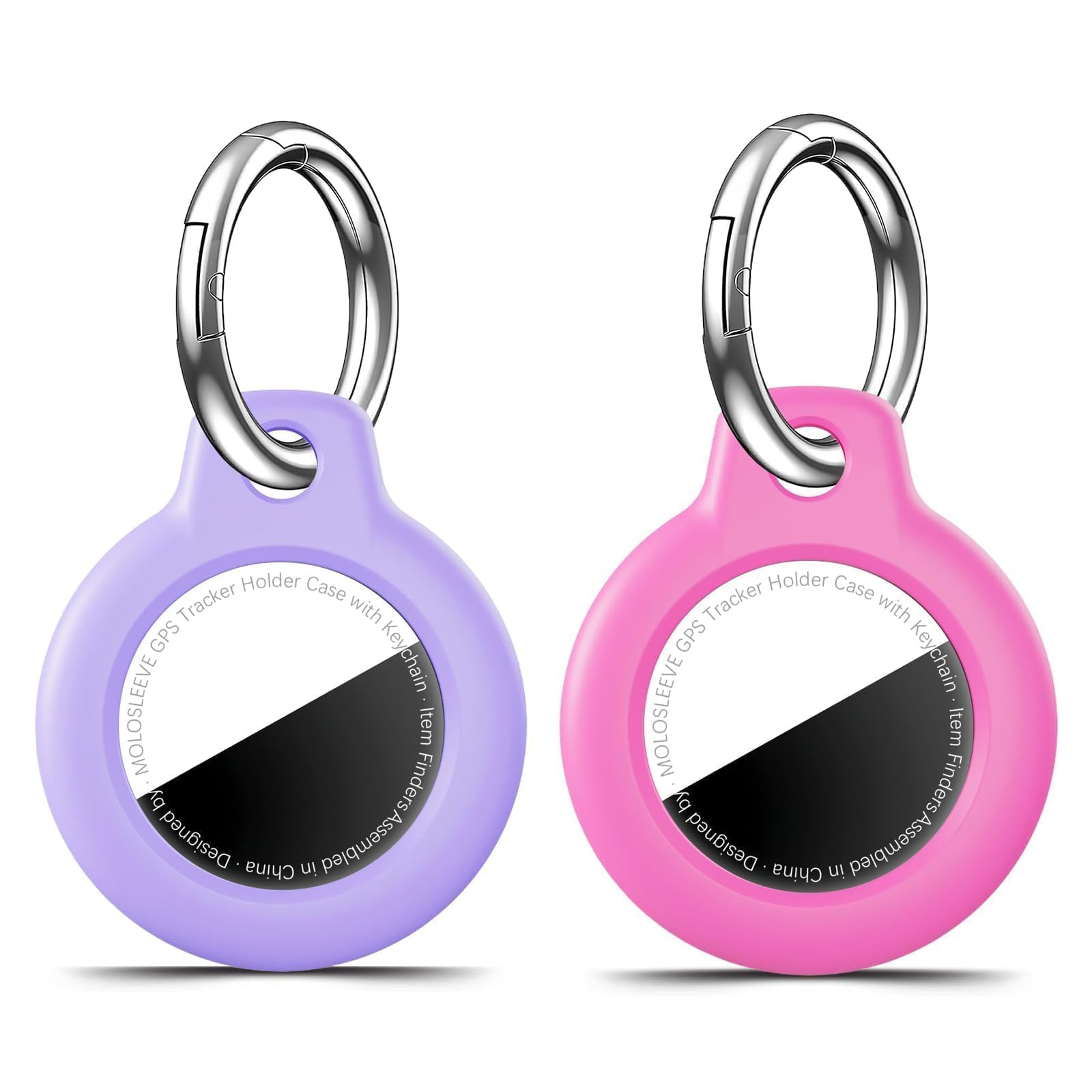 MOLOSLEEVE [2 Pack Case for AirTag 2nd Gen (2026) &amp; 1st Gen, Shockproof Holder Anti-Scratch Protective Cover for Air Tags, Men's Women's Keyrings &amp; Keychains for Keys, Luggage, Rose Red/Purple