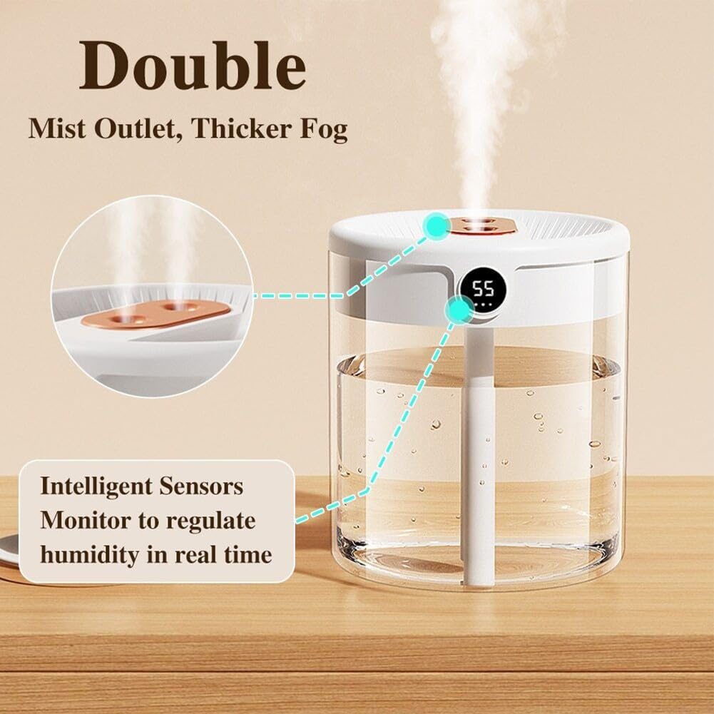 Humidificador de aire de doble boquilla con monitoreo de humedad en tiempo real con humidificadores de escritorio de gran capacidad de 2 L, humidificador silencioso, humidificador de