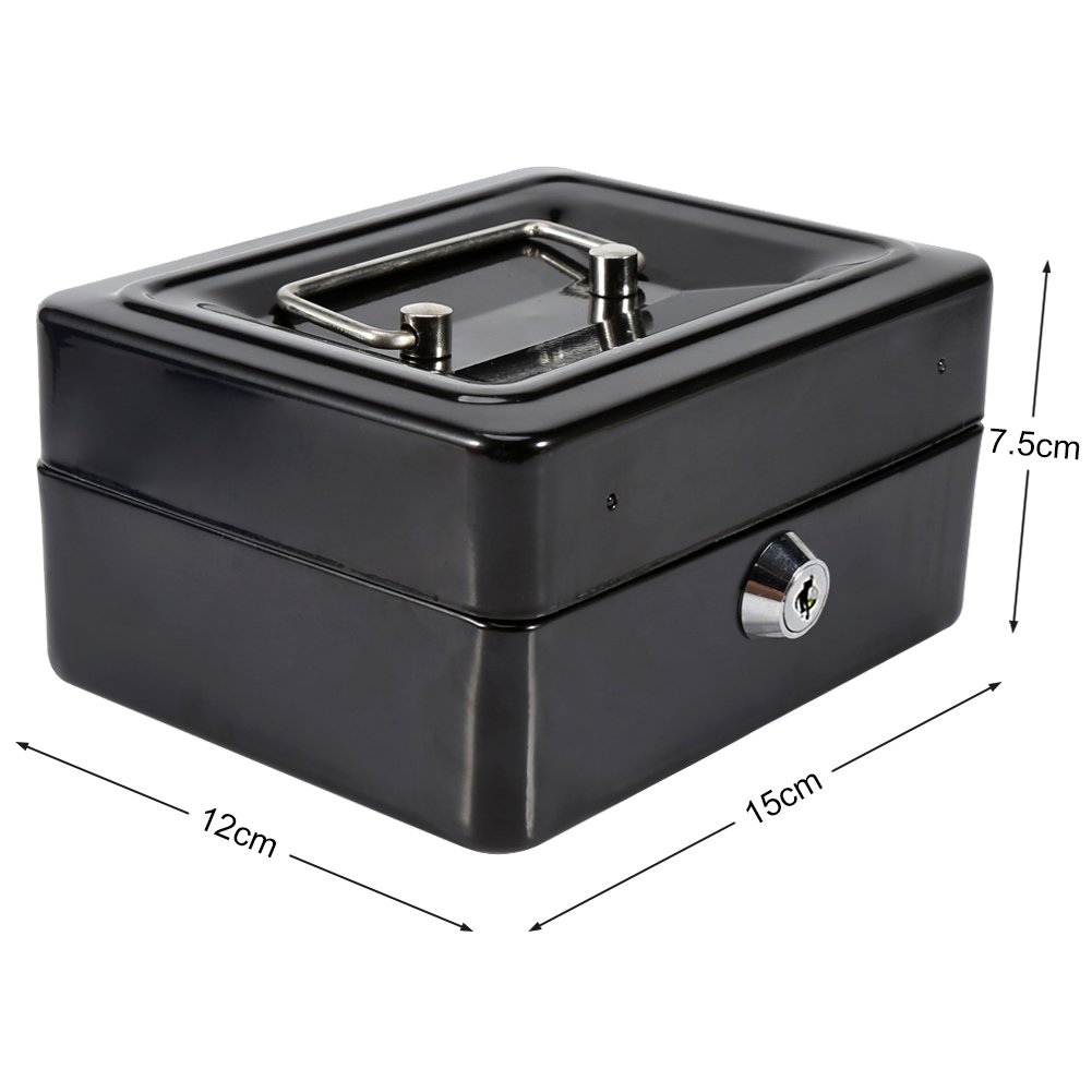 Joyzan - Caja impermeable ignífuga con cerradura de llave, 1 mini caja fuerte pequeña portátil de acero Petty con cerradura de dinero en efectivo con asa para el hogar color negro