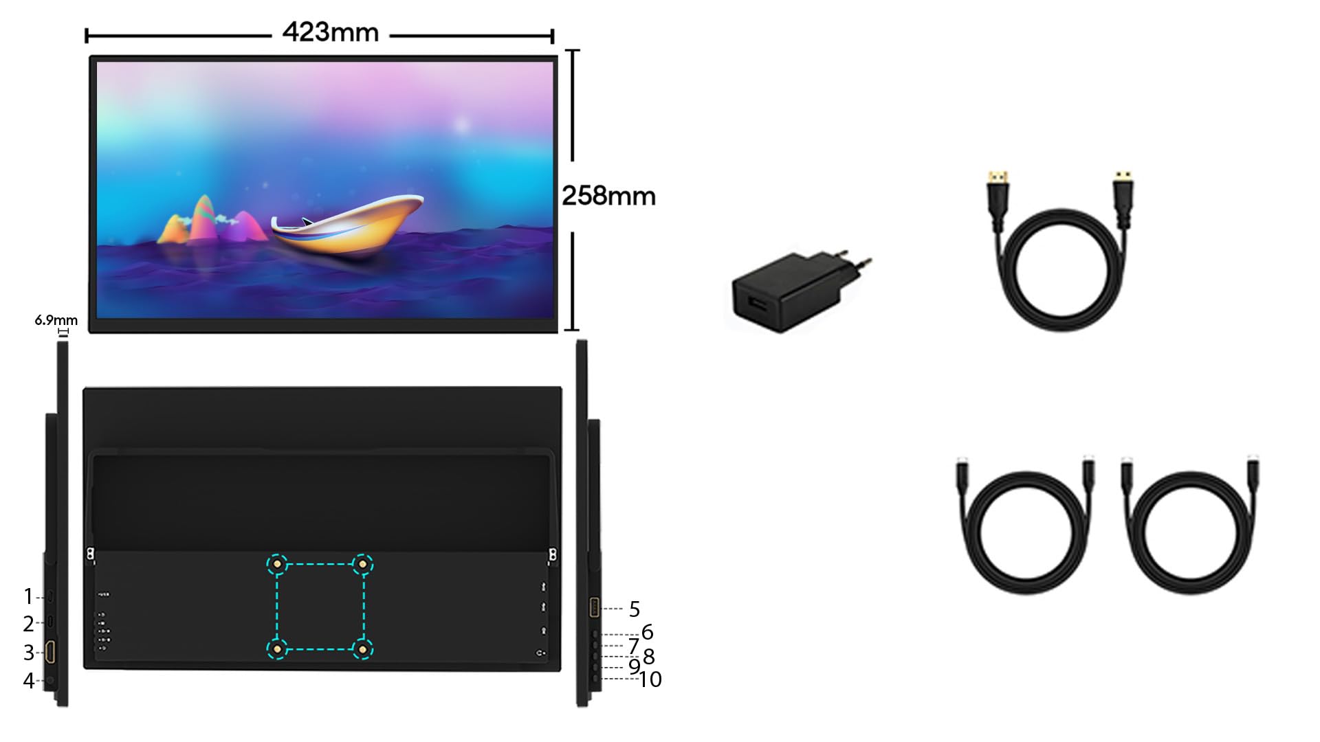 ZEUSLAP Z18S Monitor Przenośny 18,5" Full HD 1920×1080 IPS LCD 100Hz HDR USB-C Thunderbolt Mini HDMI do Laptopa Telefonu Tabletu PC Konsoli Dodatkowy Ekran do Pracy Rozrywki