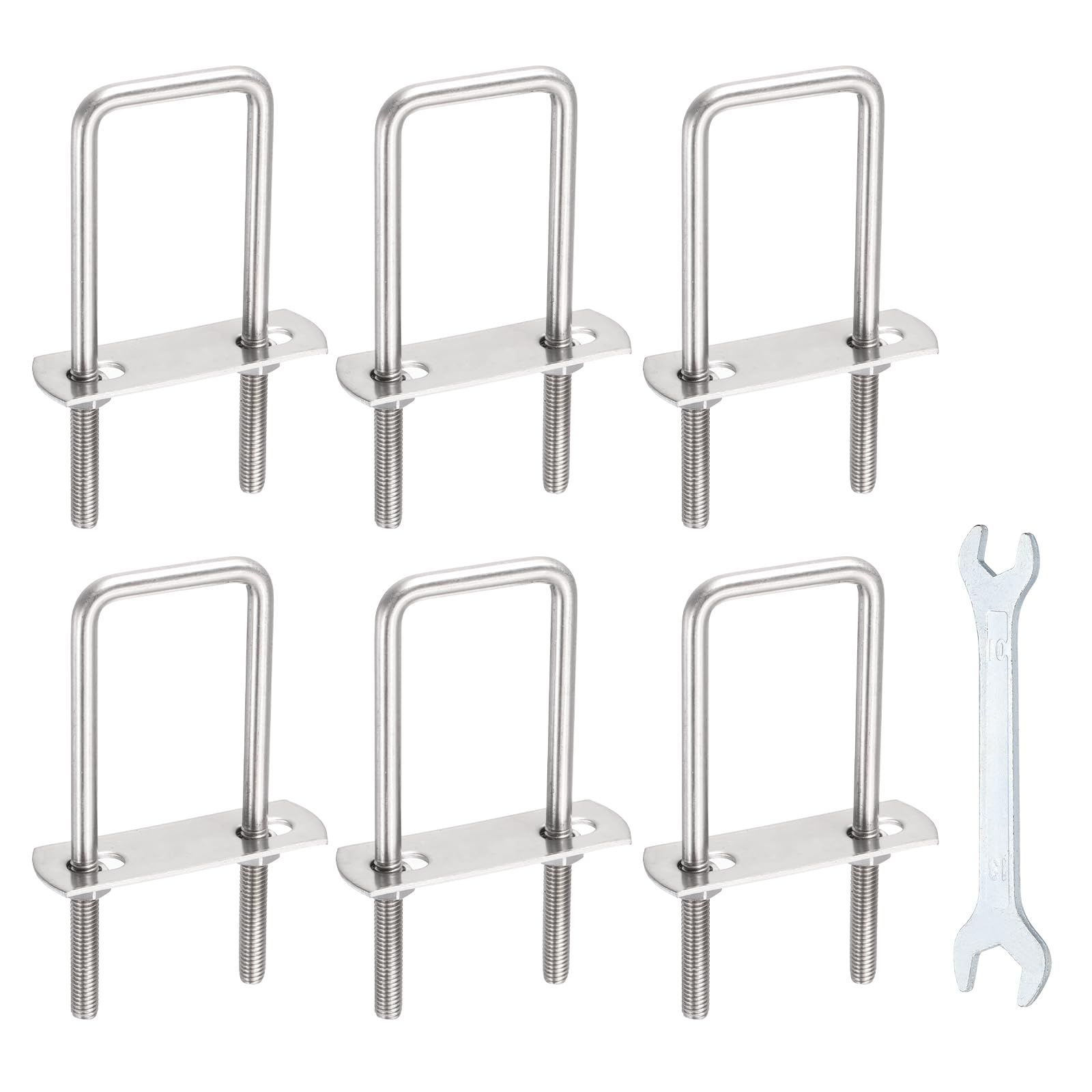 sourcing map 6 Sets M6 Square U-Bolts, 1.26"(32mm) Inner Width 3.7"(95mm) Length 304 Stainless Steel U Clamp Bolts with Nuts, Plates and Wrench for Trailer Ski Boat Fishing Boat