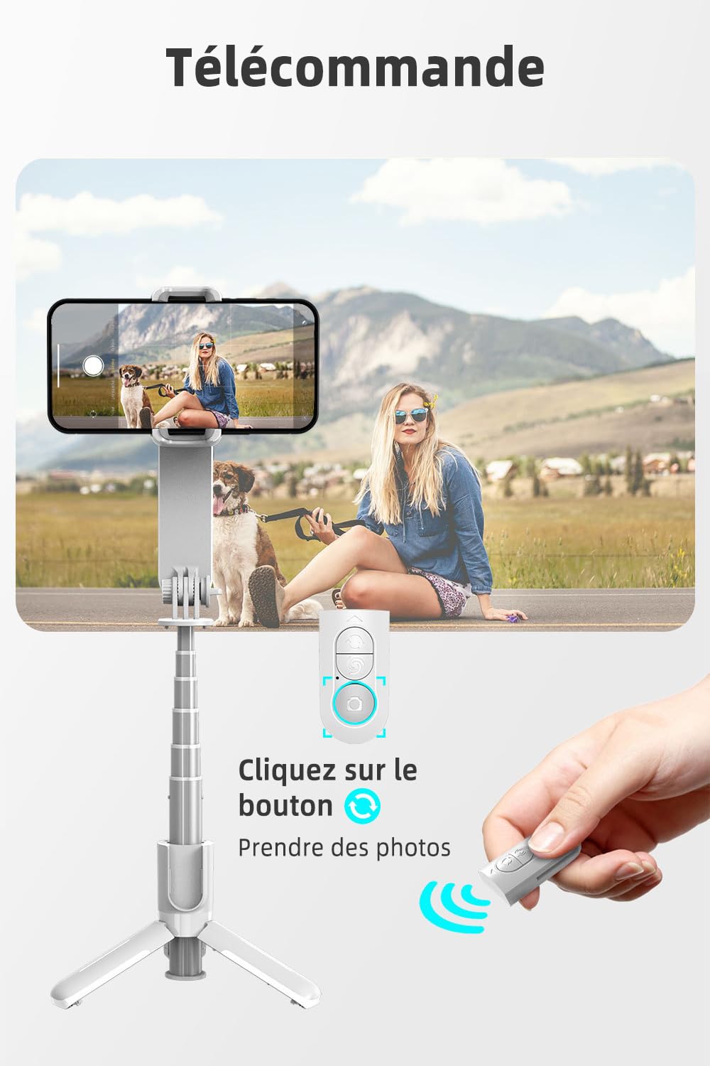 Stabilisateur Smartphone,avec lumière de Remplissage et télécommande, Portable et Pliable, Perche à Selfie à Cardan Portable pour Vidéo Vlog, Compatible avec Android/iOS