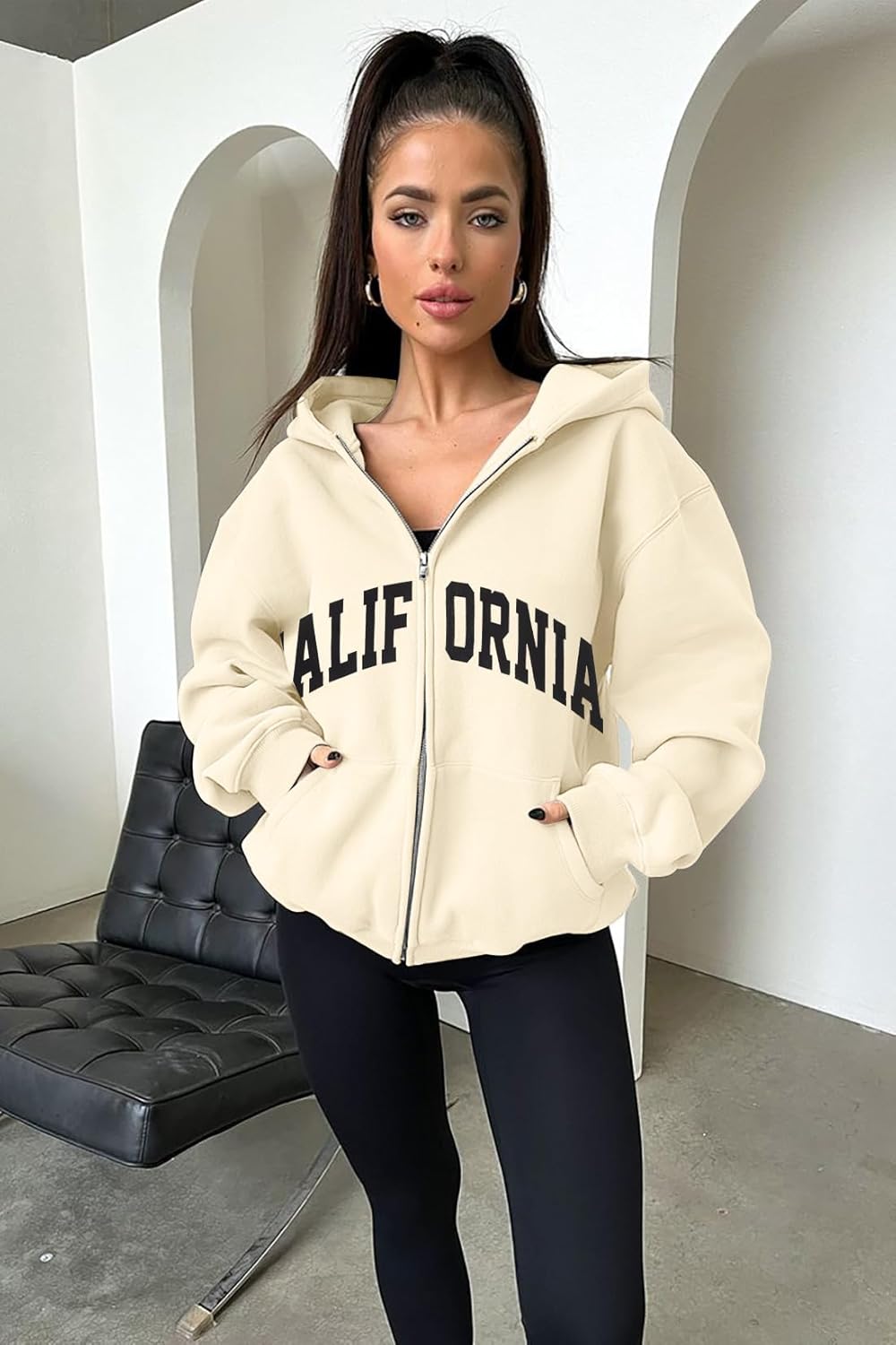 FASHGL Oversized Zip Up Hoodies for Women Casual Graphic Long Sleeve Sweatshirts Fall Spring Track Jackets with Pockets - Image 3
