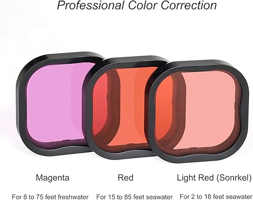 Miniatura 4 de SOONSUN Paquete de 3 filtros de buceo para GoPro Hero 8, 9, 10, 11, carcasa impermeable oficial, color rojo, rojo claro, filtros magenta, mejora los