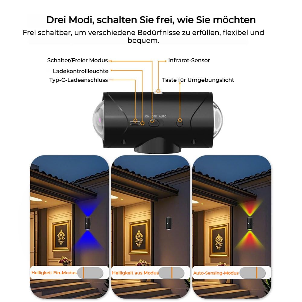 LED-Nachtlicht Kabellose LED Wandleuchte mit Bewegungssensor, Schwarz 4X