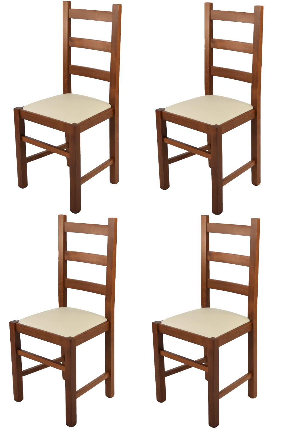 t m c s Tommychairs - Set 4 sillas Rustica para Cocina y Comedor, Estructura en Madera de Haya Color Nogal Claro y Asiento tapizado en Polipiel Color Marfil