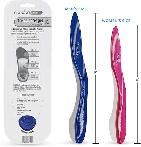 Miniatura 3 de Comfort Zone Tri-Balance - Plantillas ortopédicas de gel para hombre, duraderas y acolchadas, inserciones de gel de soporte de arco de 34 de