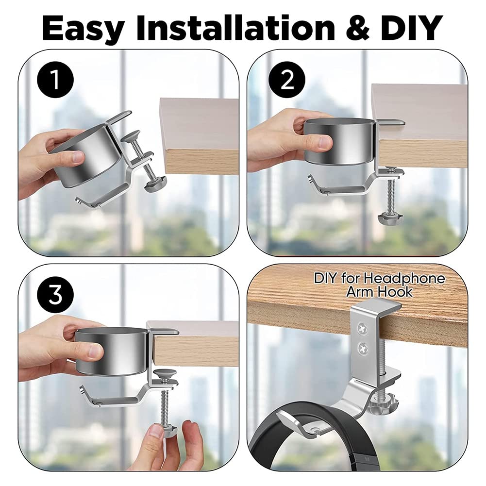 iToQ Portabicchieri da Scrivania 2 in 1 con Gancio per Cuffie Portabicchieri Resistente agli Schizzi per Tazza da caffè/Bottiglia/Auricolare da Scrivania - Nero