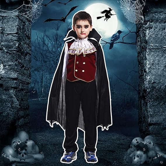 PartyToko Kids Children Gothic Hooded Cloak Black Vampire Dracula Cape with Stand-Up Collar - Halloween Costume Accessory for Kids 90cm - 1pc