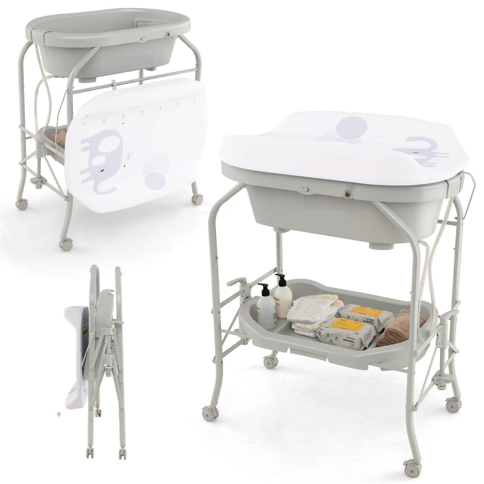 COSTWAY Bañera Bebe con Cambiador 4 en 1, Bañera Cambiador Bebe con Bandeja y 4 Ruedas Bloqueables, Cambiador Bebe Portátil y Plegable con Cesta de Almacenaje, Cojín Impermeable,Carga 35kg(Gris Claro)
