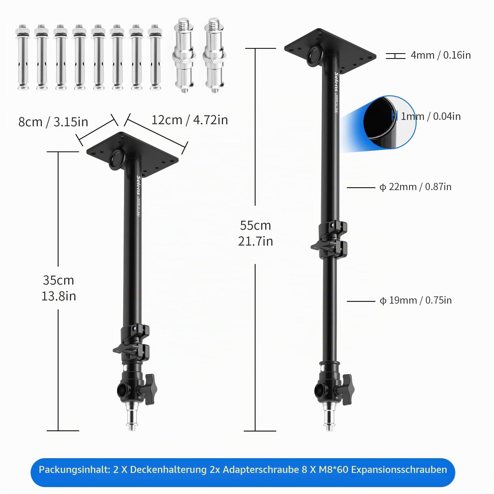 Selens 2 Stück Wandmontage Ausleger Boom Arm 35-55CM, Fotografie Wand Deckenmontage Arm Einstellbare Länge mit 3/8" 1/4" Gewinde Universal Adapter für Fotostudio Videoleuchten Regenschirme Reflektoren