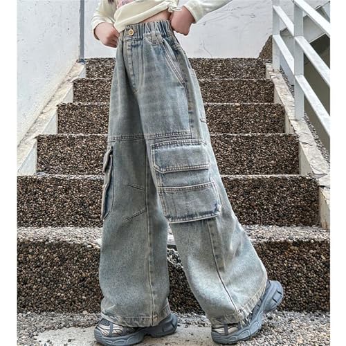 Girls Jeans Baggy Wide Leg Cargo Pants Elastic High Waist Denim Pants Casual Loose Jeans Multi Pocket Streetwear Clothes4