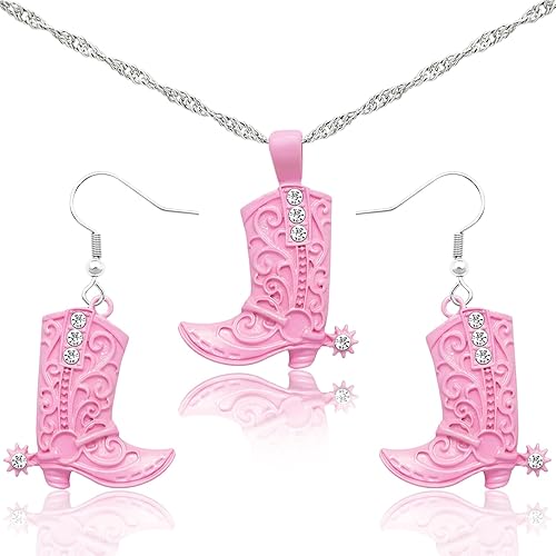 RechicGu Western West Cowgirl Cowboy Texas Boots Earrings Necklace Set, Spur Rodeo Drop Dangle Boots Earrings,Twist Link Chain Necklace with Boot Pendant,Jewelry Set(Boots Pink Set)