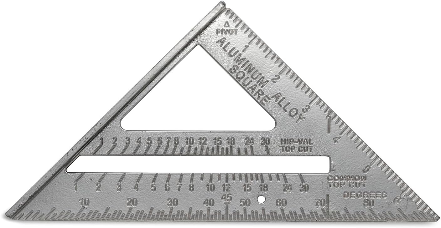 Mayes 11059 Aluminum Carpenter Square 7", Rafter Square for Lumber and Angle Layout, Permanent Scales and Protractor, Hanging Hole