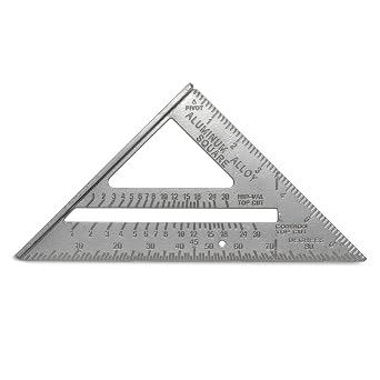 Mayes 11059 Aluminum Carpenter Square 7", Rafter Square for Lumber and Angle Layout, Permanent Scales and Protractor, Hanging Hole