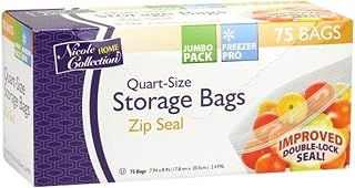 Nicole Home Collection Disposable Clear Plastic Zip Seal Quart Size Storage Bags - 7" x 8", 75 Pieces - Perfect for Fridge & Freezer Storage for Food, Snacks & More