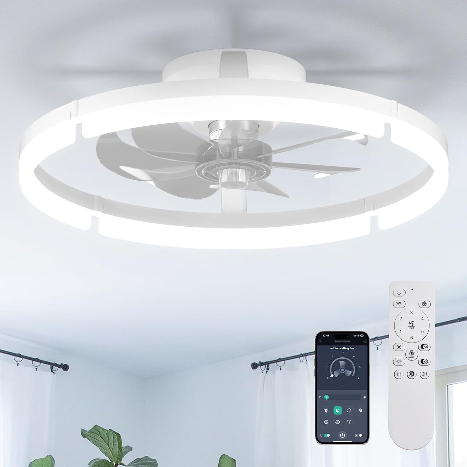 addlon Ceiling Fans with Lights and Remote, 20'' Low Profile Ceiling Fans, 3000-6000K Dimmable Modern Flush Mount LED Fan Light, Fandelier Ceiling Fan for Bedroom, Kitchen, Living Room, White