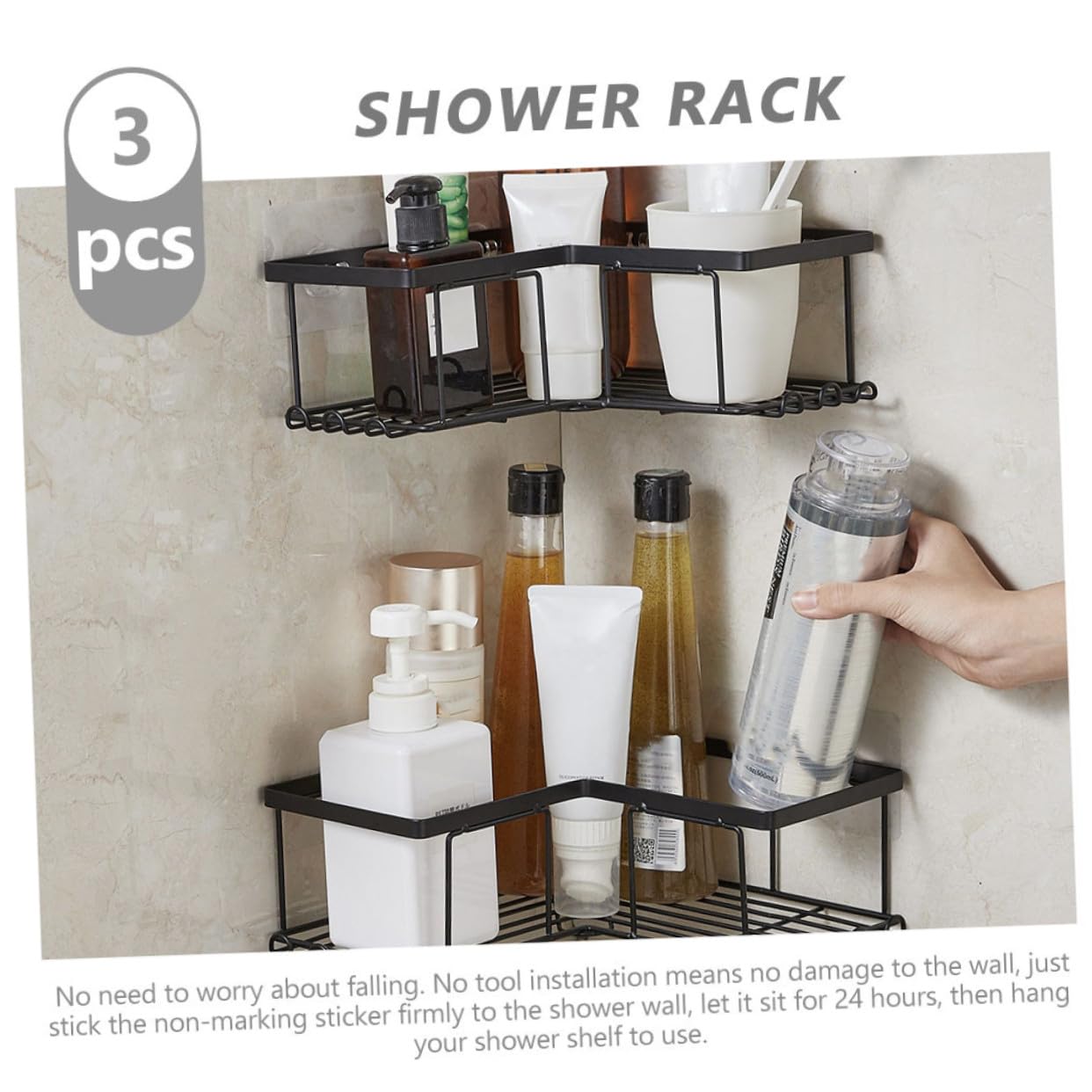 Cabilock Organizador de Ducha de Esquina Negro 1 Juego Acero al Carbono | Montaje sin Herramientas Adhesivos, Estructura en L, Almacenamiento Multipropósito para Baño