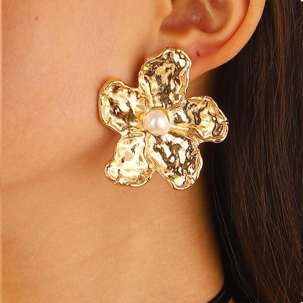 Statement Gold Big Hammered Flower Pearl Earrings for Women Trendy, Charm Boho Silver Large Floral Stud Earring Party Prom Y2k Aesthetic Jewelry Gifts - Image 3