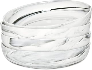 Pasta Bowls, 21cm Large Salad Serving Bowl Set of 4, Porcelain Pasta Bowls Salad Bowl for Kitchen, Marble Grey Soup Plates Shallow Set, Microwave & Dishwasher Safe