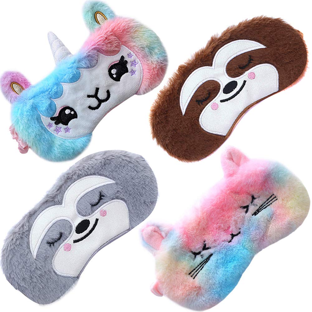 4 Pack Unicorn Sleeping Mask for Girls Soft Plush Blindfold Cute Unicorn Horn Alpaca Cat Sloth Sleep Masks