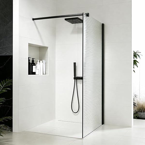 Paroi de douche 30x200 en verre ondulé 8mm avec barre de stabilisation 90 cm - Finition en noir mat - 4