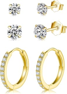 Gold Stud Earrings for Women, 14K Gold Plated Cubic Zirconia Earrings Hypoallergenic Cuddle Earrings Multi Piercing Sets