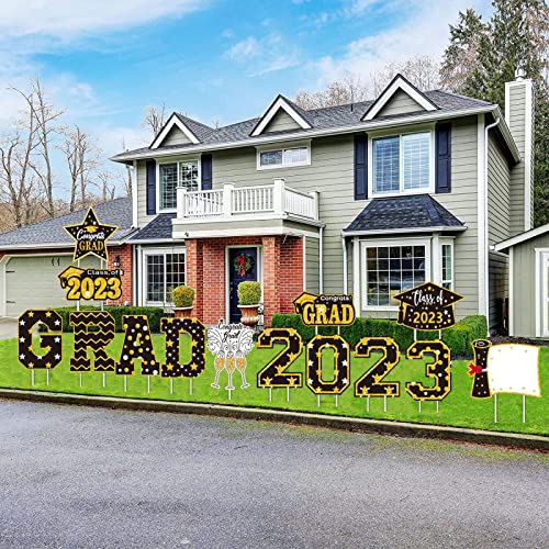 14Pcs 2023 Graduation Yard Sign Decorations Waterproof Grad Yard Signs Large Congrats Grad Lawn Signs Class Of 2023 Graduation Yard Sign With Stakes For Outdoor Congrats Graduation Party Decoration Supplies (Black Gold) #TOP4
