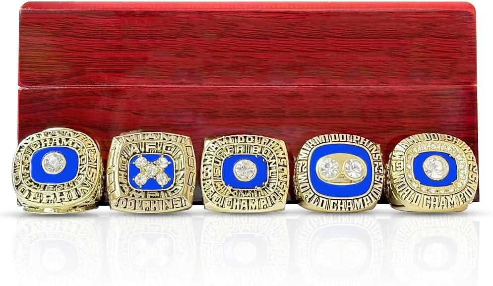 GIFT SET MIAMI COMMEMORATIVE RINGS FOR1971 1972 1973 1982 1984 5-TIMES BASEBALL CHAMPIONSHIPS, 5 RINGS SET WITH 5-HOLE WOODEN DISPLAY BOX PACKAGING, HOLIDAY GIFT FOR BASEBALL FANS