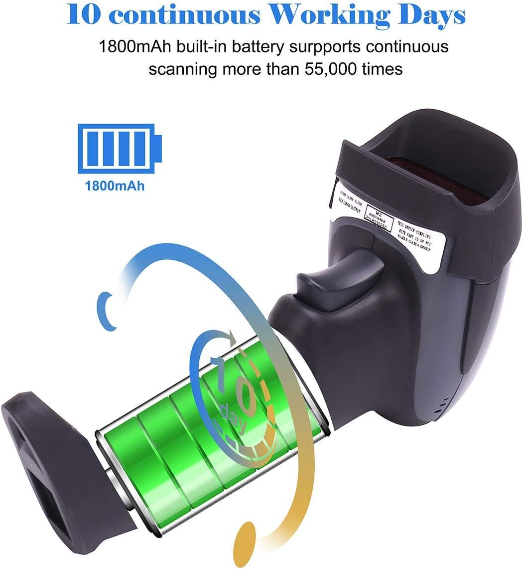 Image showing the BEVA M2 barcode scanner wirelessly connected to a laptop via a USB dongle, illustrating a 100m transmission range.