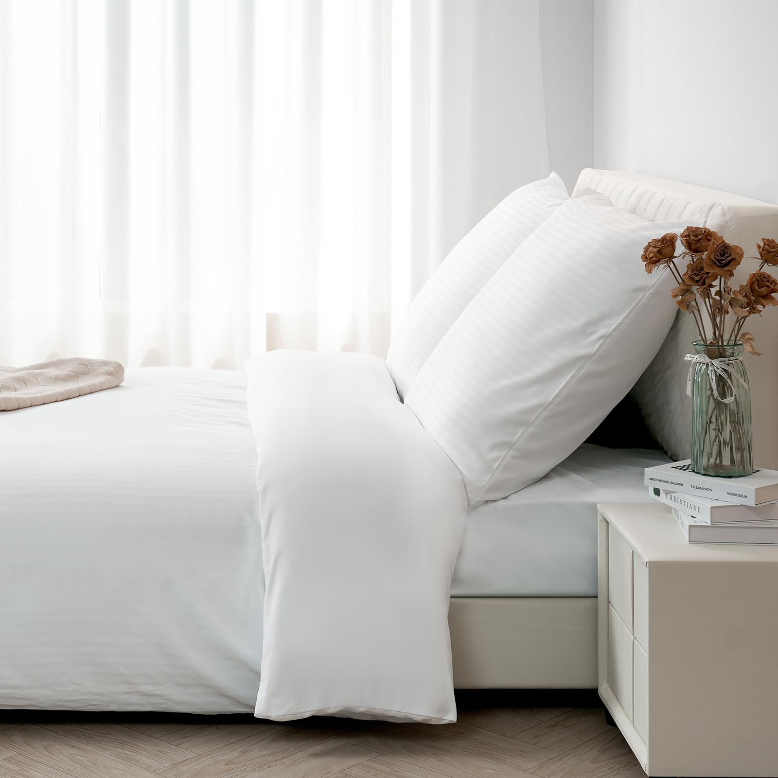 Good Nite Funda Nordica Cama 240x220cm y de Almohada 80x80cm Juego de Cama Casal Funda Nórdica de Rayas Microfibra Funda Nórdica con Cremallera(Blanco,240x220cm+80x80cm*2)