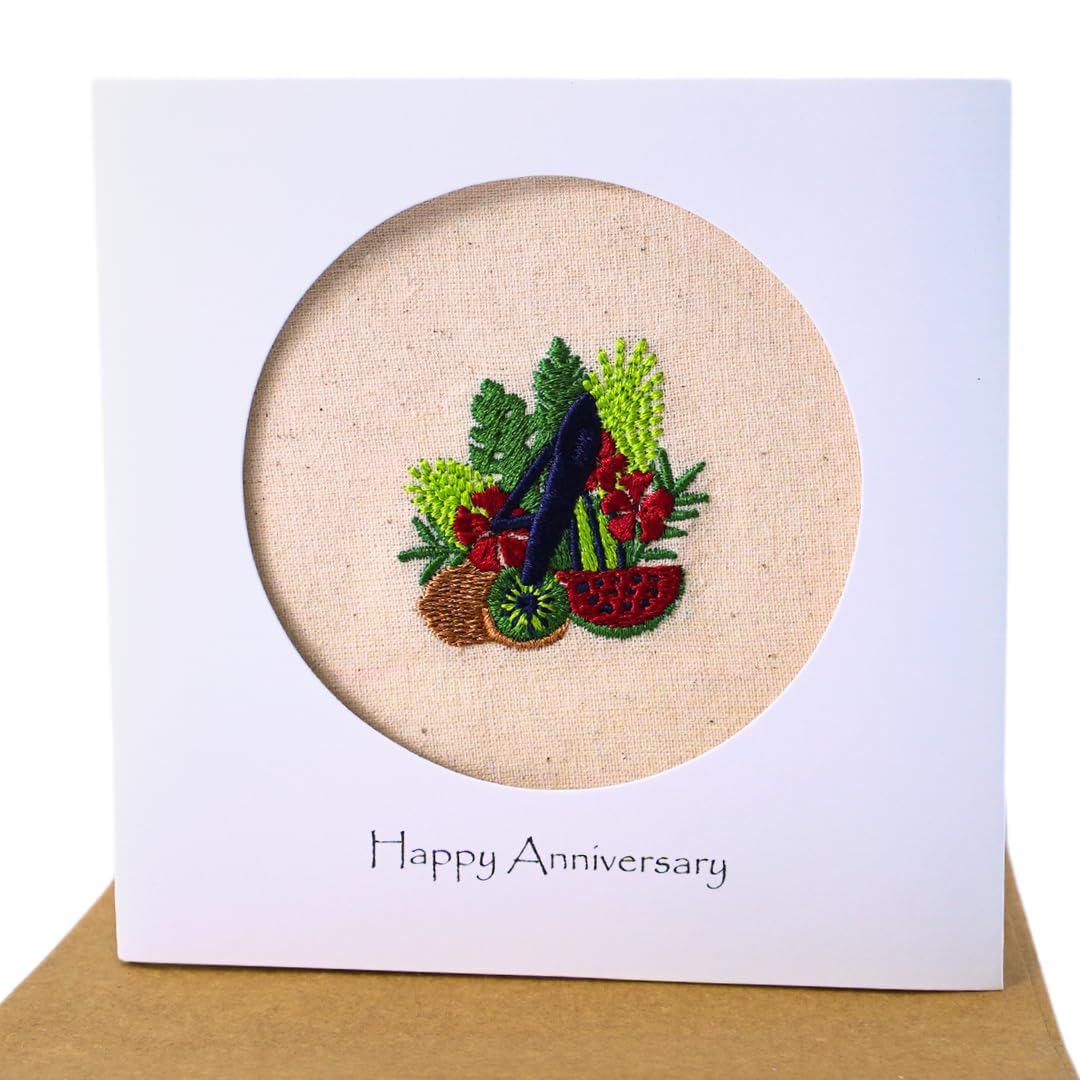 Camellia Bees 4th Wedding Anniversary Card for Husband Wife - Handmade Fruit and Flower Linen Greeting Card with Envelope - Romantic 4 Year Anniversary Card for Him Her Couple (04th new)