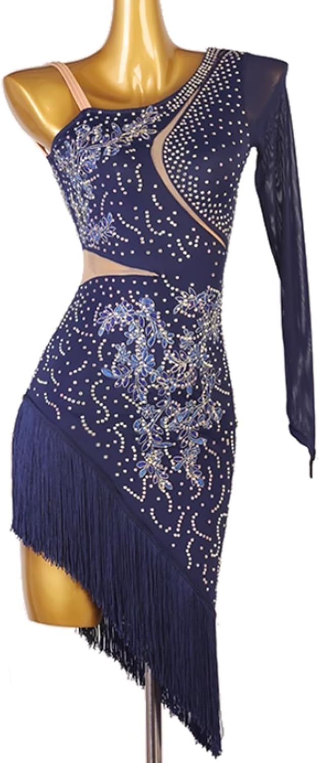 Size Large Color Blue Latin Dance Performance Dresses Ballroom Dance Costumes Asymmetric Cha Cha Dancewear Embroidery Salsa Dance Dress