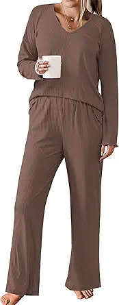 Ekouaer Womens Ribbed Knit Pajamas Set V Neck Long Sleeve Pj Set 2 Piece Loungewear Casual Sleepwear