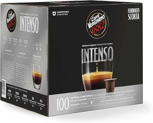 Caffè Vergnano Èspresso1882 - 100 Capsule Caffè Compatibili Nespresso e Compostabili, Intenso - Pack da 100 capsule