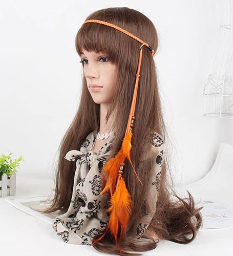 Jumwrit Diadema de plumas bohemias, diadema india hippie gitana, tocado de borla de plumas naranjas, cuerda de cáñamo con cuentas, accesorios para