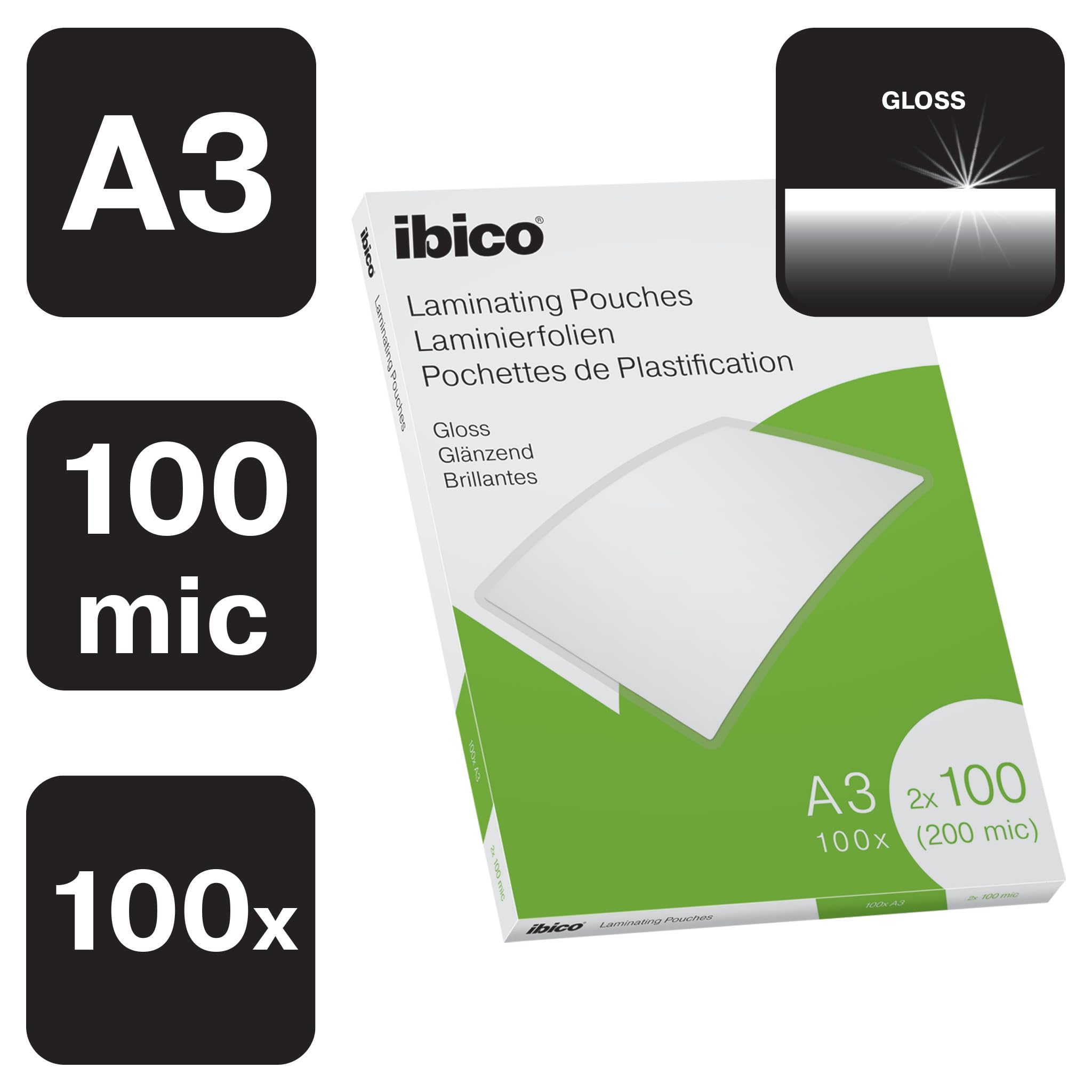 Ibico, Błyszcząca Folia do Laminowania A3, 200 Mikronów, Krystalicznie Przezroczysta, 100 Sztuk (627320)
