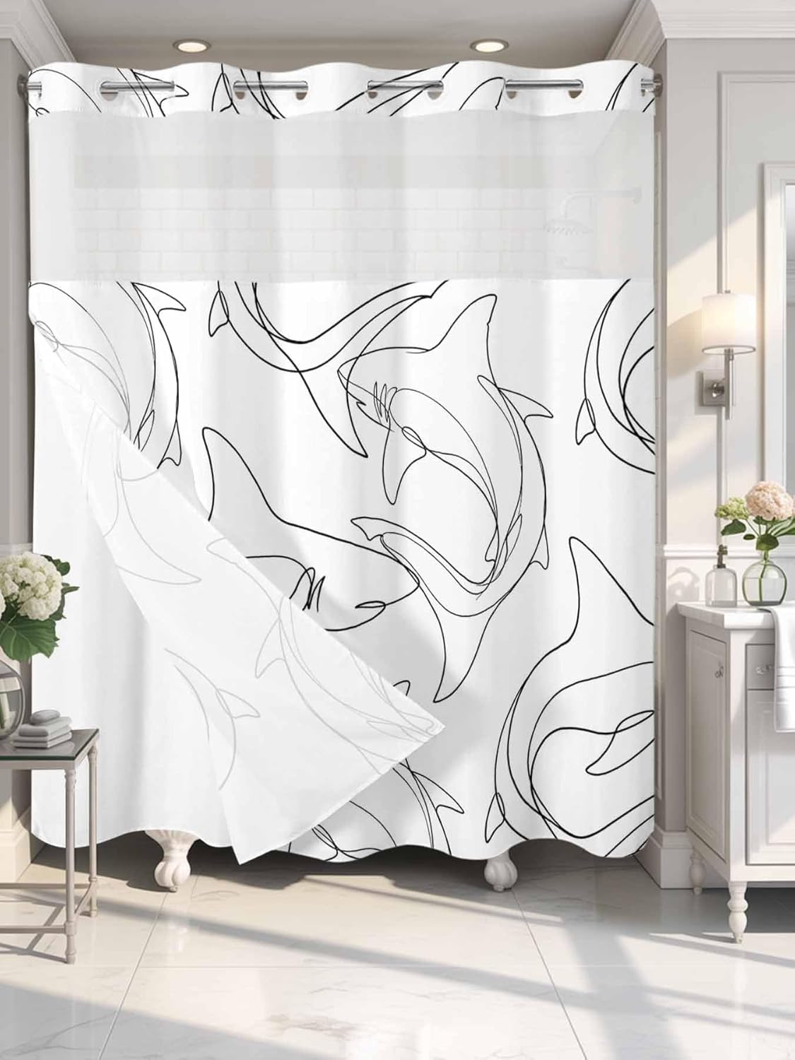 Prime Leader Abstract Sharks No Hook Shower Curtain with Snap in Liner Black Line Fish Ocean Life Simple Style Shower Curtain for Bathroom, Fabric Waterproof Inner Liner with Mesh Top Window, 72x72
