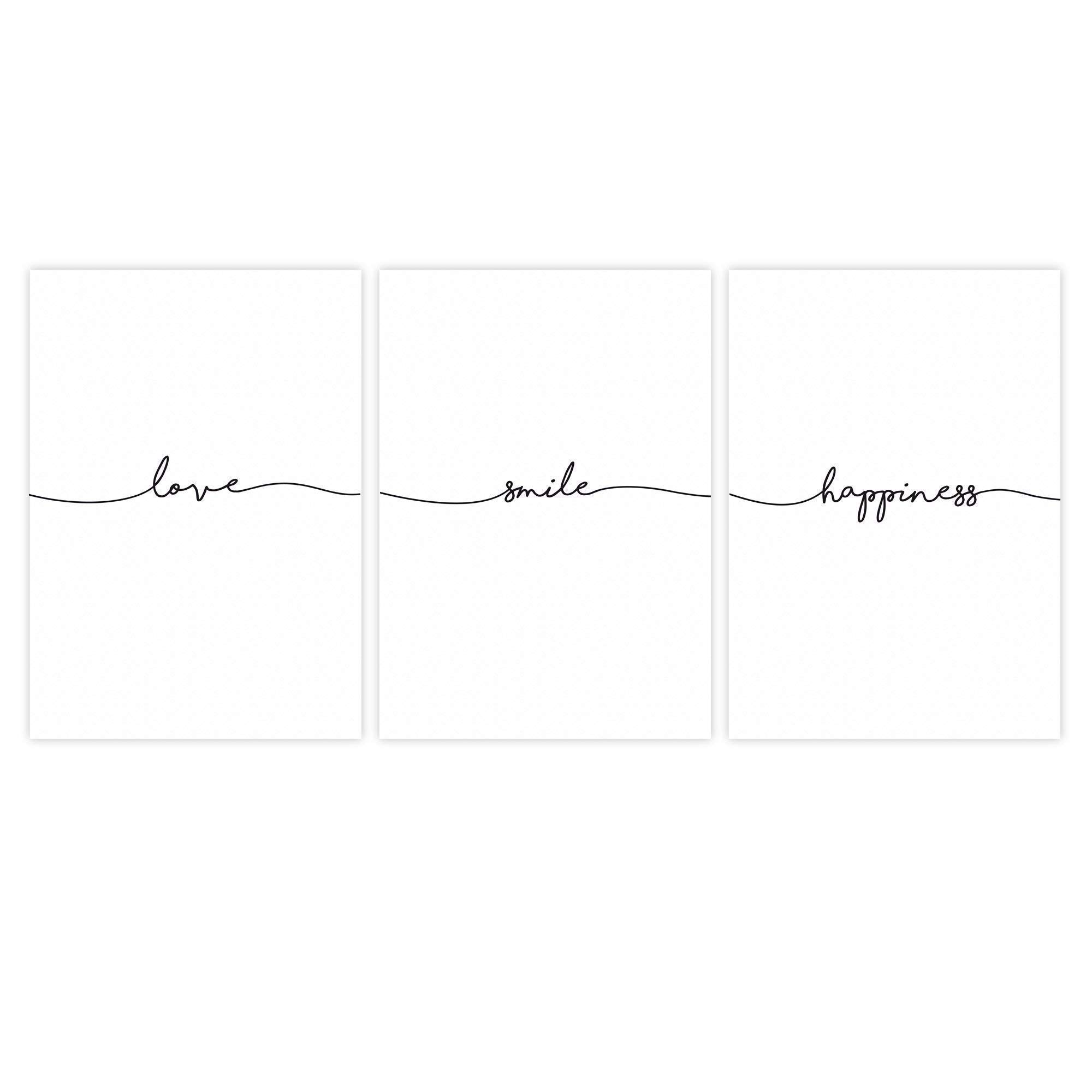 Wunderpixel® 3er Set in groß: love - smile - happiness - Kunstdrucke auf wunderbarem Hahnemühle Papier DIN A2 -ohne Rahmen- schwarz-weißes Bild Poster zur Deko im Büro Wohnung
