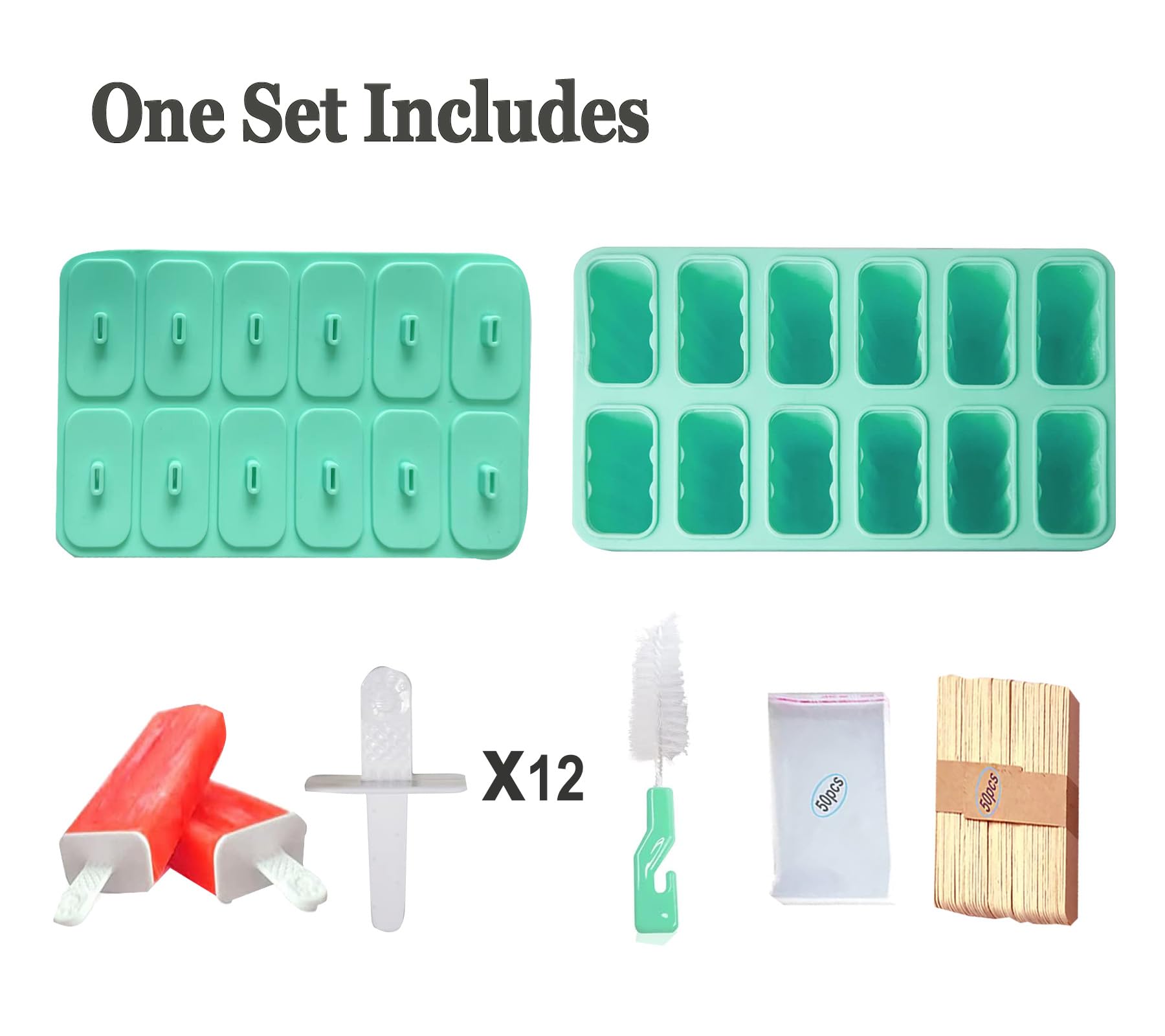 Moldes de silicona para paletas con palitos Wpunwen de 12 cavidades, moldes de helado con cepillo de limpieza, 12 palos reutilizables, 50 palitos, 50 bolsas, color verde